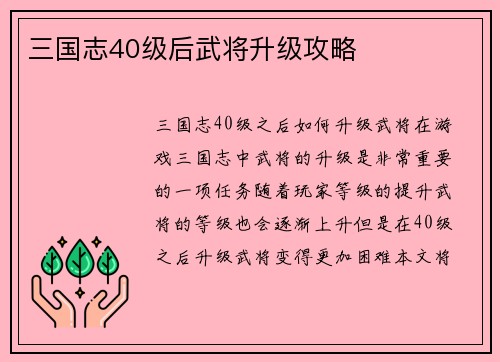 三国志40级后武将升级攻略