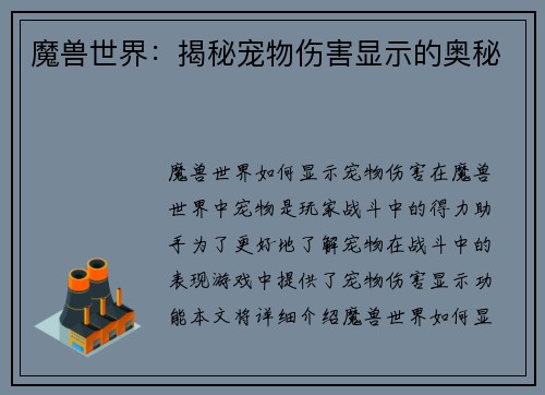 魔兽世界：揭秘宠物伤害显示的奥秘